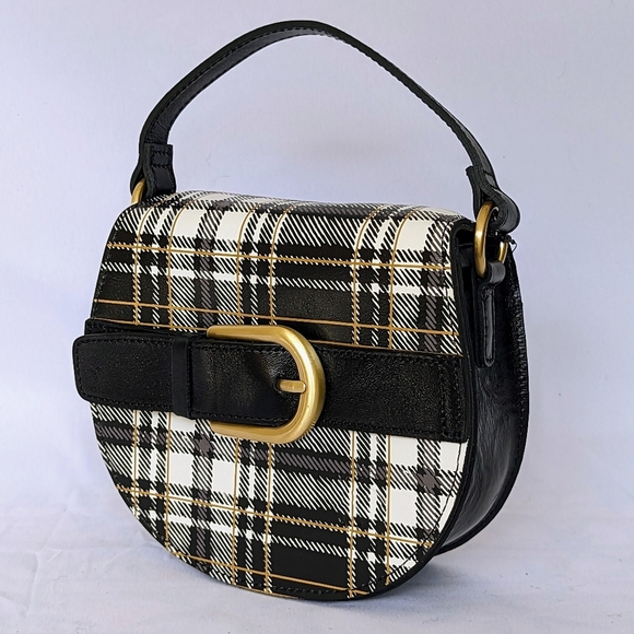 Patricia Nash Annfield Saddle Bag Leather Crossbody Handle Black White Plaid NWT - Picture 8 of 13